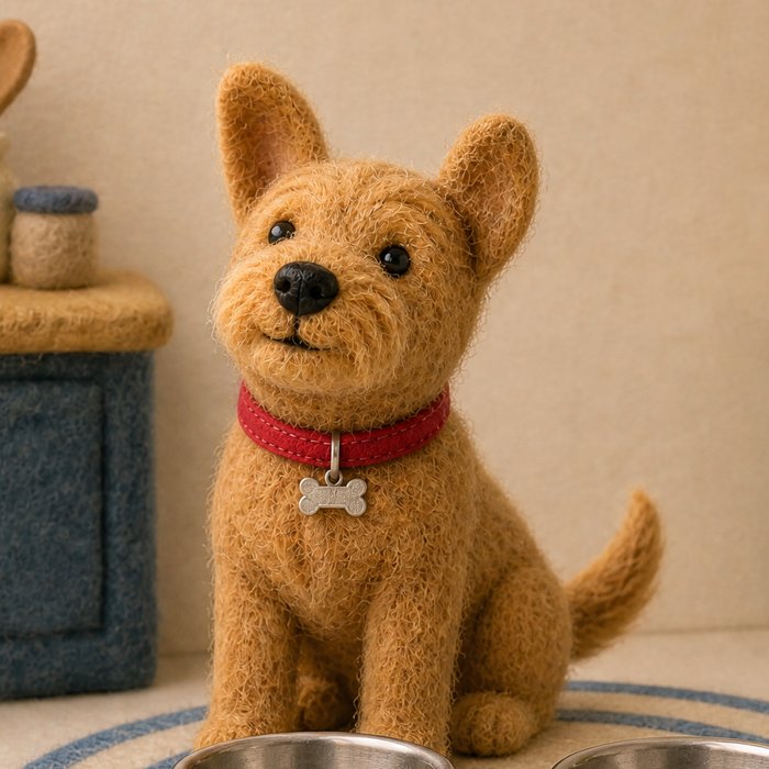 Biscuit, a honey-coloured rescue dog with a red collar