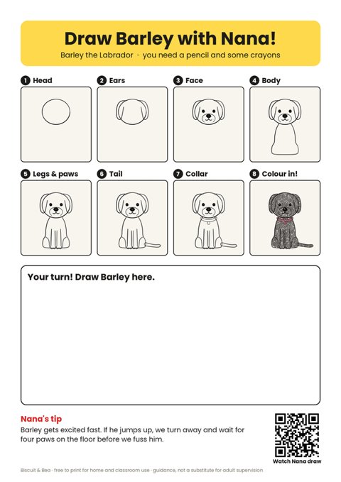 Draw Barley the Labrador step-by-step sheet