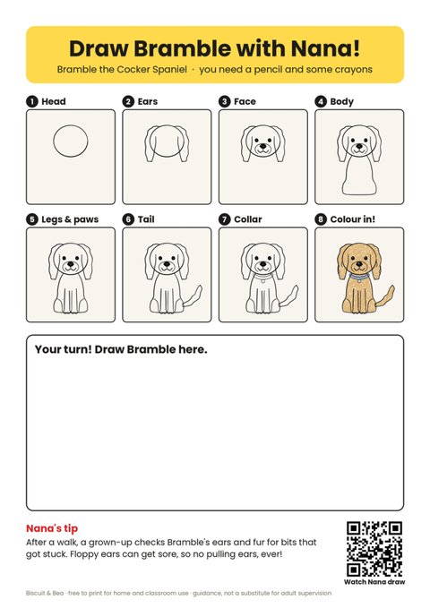 Draw Bramble the Cocker Spaniel step-by-step sheet