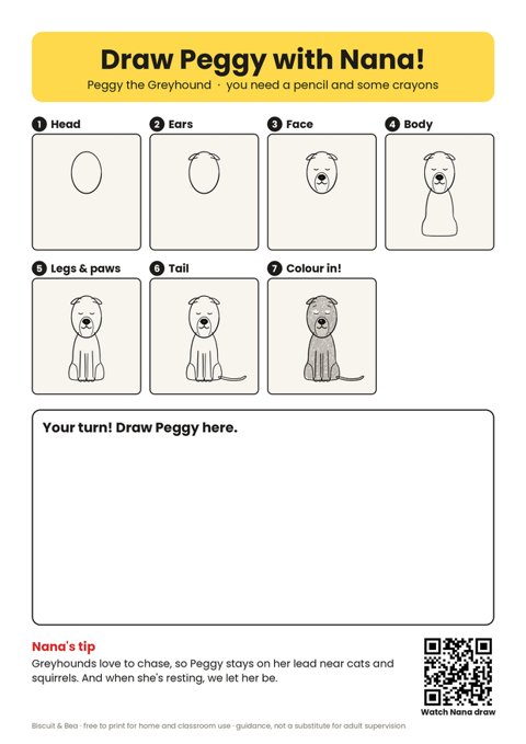 Draw Peggy the Greyhound step-by-step sheet