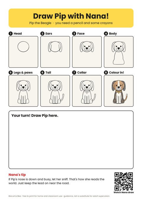 Draw Pip the Beagle step-by-step sheet