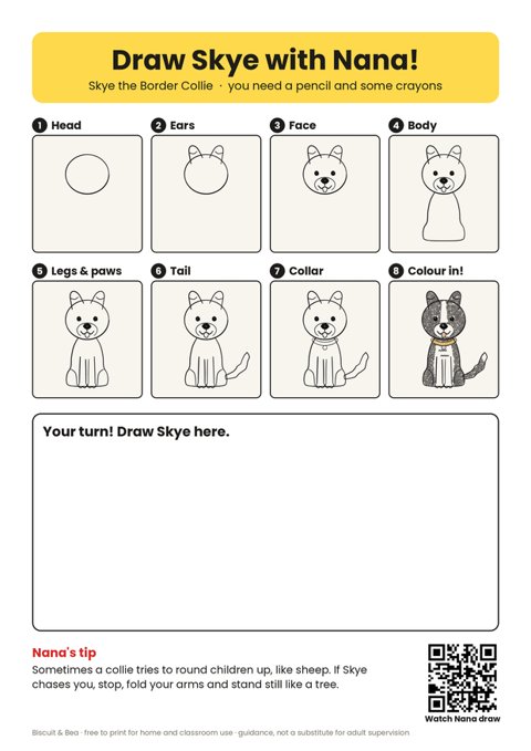 Draw Skye the Border Collie step-by-step sheet