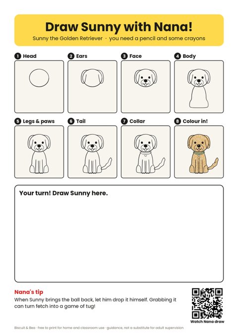 Draw Sunny the Golden Retriever step-by-step sheet