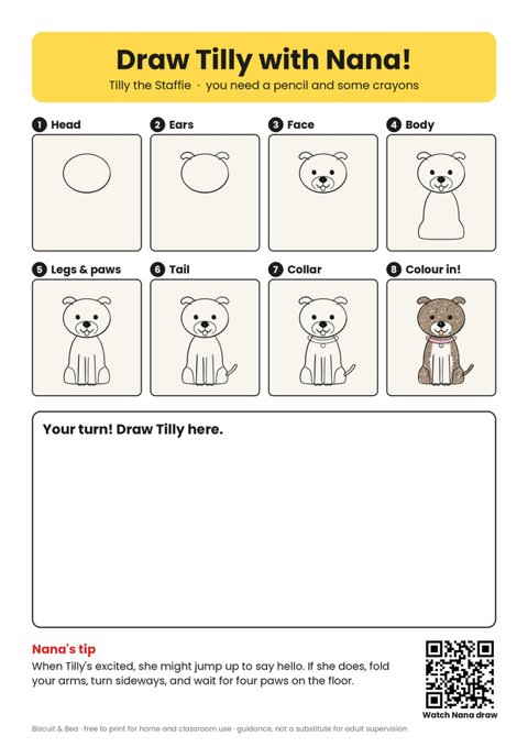 Draw Tilly the Staffie step-by-step sheet